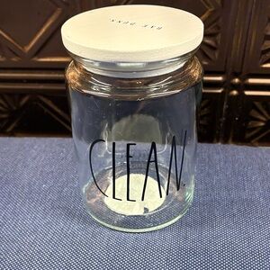 Rae Dunn Clear Glass Jar with White Lid and Black 'CLEAN' Lettering